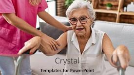  Presentation with walker - Presentation design enhanced with senior-grey-haired-woman-patient background and a  colored foreground