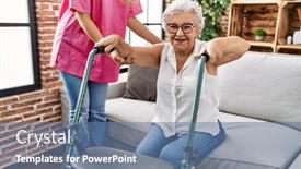  Presentation with geriatric - Theme featuring senior-grey-haired-woman-patient background and a ocean colored foreground