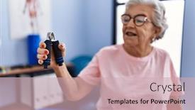  Presentation with rehab clinic - PPT layouts featuring senior-grey-haired-woman-physitherapist background and a soft green colored foreground