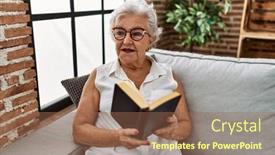  Presentation with reading bible - PPT theme having senior-grey-haired-woman-reading background and a coral colored foreground
