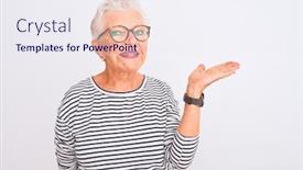  Presentation with navy - Beautiful PPT layouts featuring senior grey-haired woman wearing striped navy t-shirt glasses over isolated white background smiling cheerful presenting and pointing with palm of hand looking at the camera backdrop and a sky blue colored foreground