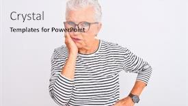  Presentation with navy - Slide set enhanced with senior grey-haired woman wearing striped navy t-shirt glasses over isolated white background thinking looking tired and bored with depression problems with crossed arms background and a sky blue colored foreground