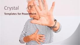  Presentation with navy - Beautiful presentation featuring senior grey-haired woman wearing striped navy t-shirt glasses over isolated white background covering eyes with hands and doing stop gesture with sad and fear expression embarrassed and negative backdrop and a lemonade colored foreground