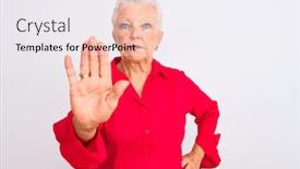  Presentation with red white grey - Slide deck having senior grey-haired woman wearing red casual shirt standing over isolated white background doing stop sing with palm of the hand warning expression with negative and serious gesture on the face background and a sky blue colored foreground