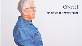  Presentation with denim - Audience pleasing presentation theme consisting of senior grey-haired woman wearing denim shirt and glasses over isolated white background looking to side relax profile pose with natural face and confident smile backdrop and a sky blue colored foreground