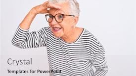  Presentation with navy - Presentation theme having senior-grey-haired-woman-wearing background and a light gray colored foreground