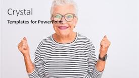  Presentation with grey - Beautiful PPT theme featuring senior-grey-haired-woman-wearing backdrop and a sky blue colored foreground