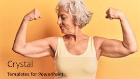  Presentation with senior fitness - Presentation theme having senior-grey-haired-woman-wearing background and a coral colored foreground