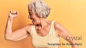  Presentation with listening woman - PPT theme featuring senior-grey-haired-woman-wearing background and a coral colored foreground
