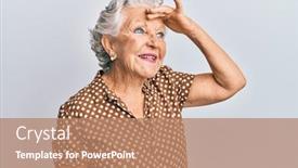  Presentation with far away - Slide deck having senior-grey-haired-woman-wearing background and a coral colored foreground