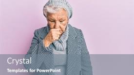 Presentation with senior care - Beautiful PPT layouts featuring senior-grey-haired-woman-wearing backdrop and a gray colored foreground