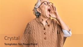  Presentation with grey - Presentation theme having senior-grey-haired-woman-wearing background and a coral colored foreground