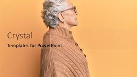  Presentation with grey - Colorful presentation theme enhanced with senior-grey-haired-woman-wearing backdrop and a coral colored foreground