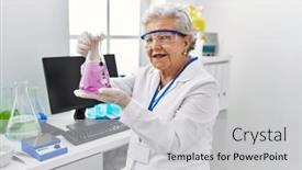 Presentation with test tube laboratory - Presentation theme with senior-grey-haired-woman-wearing background and a light gray colored foreground