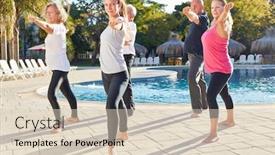  Presentation with senior fitness - PPT theme with senior group doing yoga fitness workout by the pool at wellness hotel background and a lemonade colored foreground