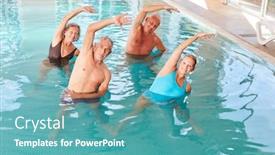  Presentation with aqua - Colorful presentation design enhanced with senior-group-in-the-pool backdrop and a teal colored foreground