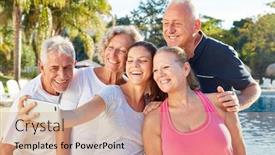  Presentation with tour guide - Slide set with senior-group-on-a-trip background and a coral colored foreground
