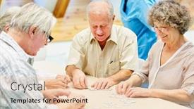  Presentation with group therapy - Colorful presentation enhanced with senior group playing with puzzle in dementia therapy at nursing home backdrop and a lemonade colored foreground