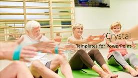  Presentation with group training - Slide deck consisting of senior-group-rehabilitation-training background and a coral colored foreground