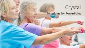  Presentation with trains - Slide set enhanced with senior group trains with dumbbells for health and strength in rehab background and a soft green colored foreground