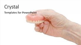  Presentation with dental prosthesis - Beautiful PPT layouts featuring senior hand with dental prosthesis backdrop and a white colored foreground