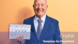  Presentation with business travel - Colorful presentation design enhanced with senior-handsome-grey-haired-businessman backdrop and a ocean colored foreground