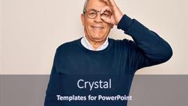  Presentation with eye glasses looking at world - PPT theme featuring senior-handsome-grey-haired-man background and a navy blue colored foreground