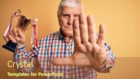  Presentation with trophy award hand holding - Cool new presentation theme with senior-handsome-hoary-champion-man backdrop and a red colored foreground