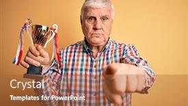  Presentation with trophy award hand holding - Colorful presentation enhanced with senior-handsome-hoary-champion-man backdrop and a red colored foreground