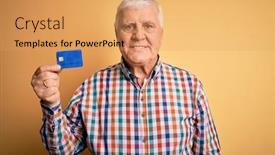  Presentation with credit card - Slide set featuring senior-handsome-hoary-customer-man background and a yellow colored foreground