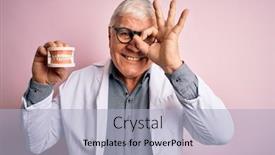  Presentation with denture - Audience pleasing PPT theme consisting of senior-handsome-hoary-dentist-man backdrop and a light blue colored foreground