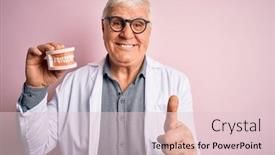  Presentation with denture - PPT theme enhanced with senior-handsome-hoary-dentist-man background and a lemonade colored foreground