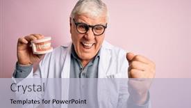  Presentation with denture - PPT layouts consisting of senior-handsome-hoary-dentist-man background and a light blue colored foreground