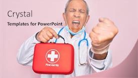  Presentation with first aid kit - Presentation design with senior-handsome-hoary-doctor-man background and a lemonade colored foreground
