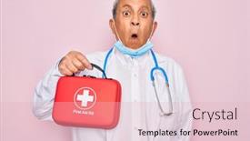  Presentation with first aid kit - PPT layouts featuring senior-handsome-hoary-doctor-man background and a lemonade colored foreground