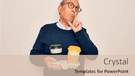  Presentation with takeaway coffee - PPT theme with senior-handsome-hoary-man-holding background and a lemonade colored foreground