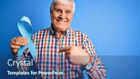  Presentation with blue ribbon symbol - Presentation design having senior-handsome-hoary-man-holding background and a ocean colored foreground