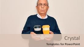 Presentation with takeaway coffee - Audience pleasing PPT theme consisting of senior-handsome-hoary-man-holding backdrop and a lemonade colored foreground