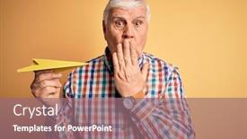  Presentation with yellow paper - Cool new slide deck with senior-handsome-hoary-man-holding backdrop and a coral colored foreground