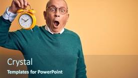  Presentation with clock face - Amazing presentation design having senior-handsome-man-holding-alarm backdrop and a ocean colored foreground