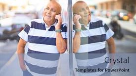  Presentation with wall street - Amazing presentation having senior handsome man smiling happy and confident leaning on the wall with smile on face talking by the smartphone at town street backdrop and a light blue colored foreground