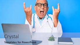  Presentation with computer music - PPT theme featuring senior-handsome-man-with-gray background and a light blue colored foreground