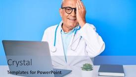 Presentation with eye doctor - Colorful presentation design enhanced with senior-handsome-man-with-gray backdrop and a light blue colored foreground