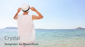  Presentation with sea sun - Amazing PPT layouts having senior-happy-woman-retired-enjoying backdrop and a sky blue colored foreground