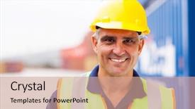  Presentation with senior worker - Cool new presentation with senior harbor container yard backdrop and a coral colored foreground