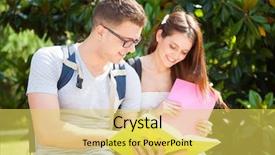  Presentation with senior high school - Slides enhanced with senior high school - portrait of two students talking background and a yellow colored foreground