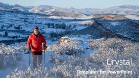  Presentation with rocky mountains - PPT theme featuring senior-hiker-in-winter-scenery background and a seafoam green colored foreground