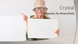  Presentation with canteen - Amazing slide set having senior hiker woman wearing canteen hat holding banner over isolated white background very happy pointing with hand and finger to the side backdrop and a lemonade colored foreground