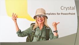  Presentation with canteen - Amazing slide set having senior hiker woman wearing canteen holding speech bubble over isolated white background pointing and showing with thumb up to the side with happy face smiling backdrop and a lemonade colored foreground