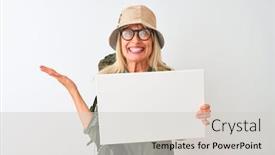  Presentation with canteen - Amazing presentation design having senior-hiker-woman-wearing-canteen backdrop and a light gray colored foreground